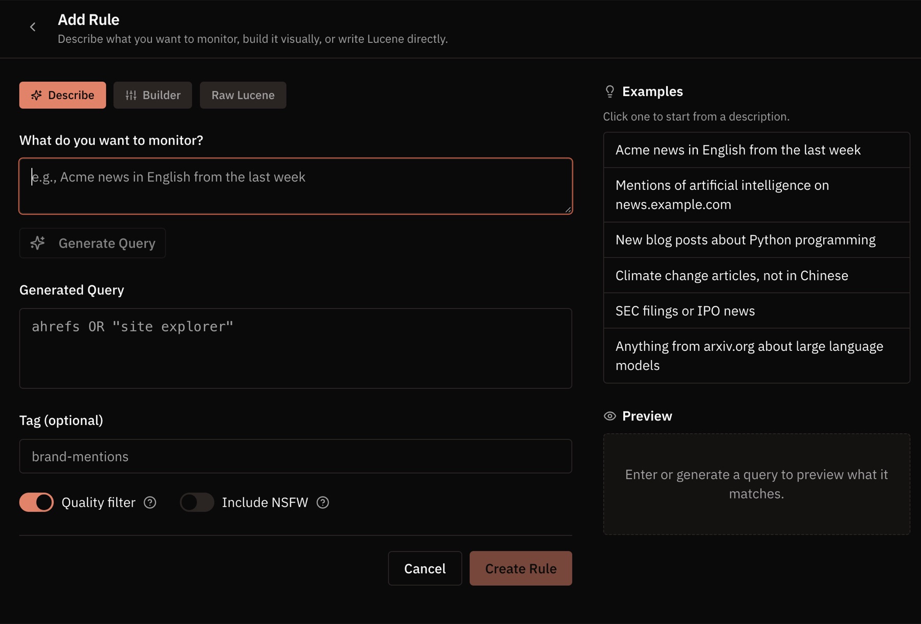 Firehose rule configuration with Describe, Builder, and Raw Lucene options.