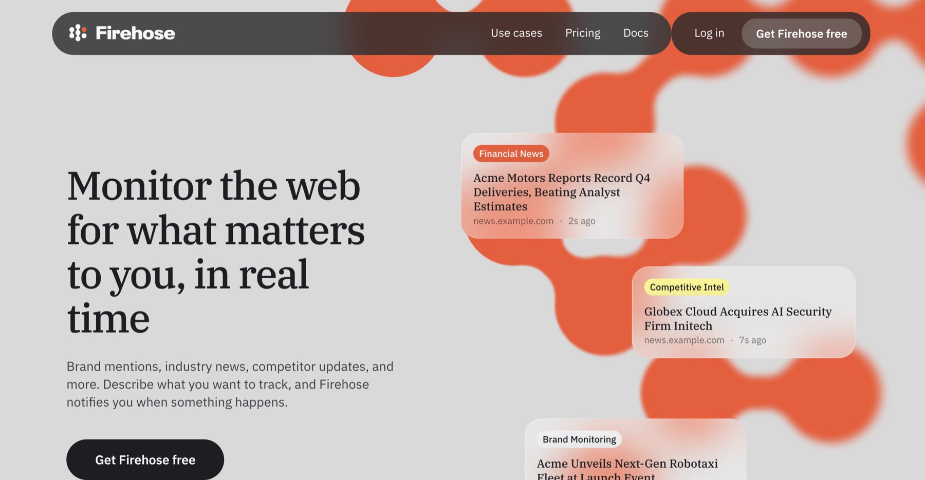 Firehose landing page promoting real-time web monitoring.