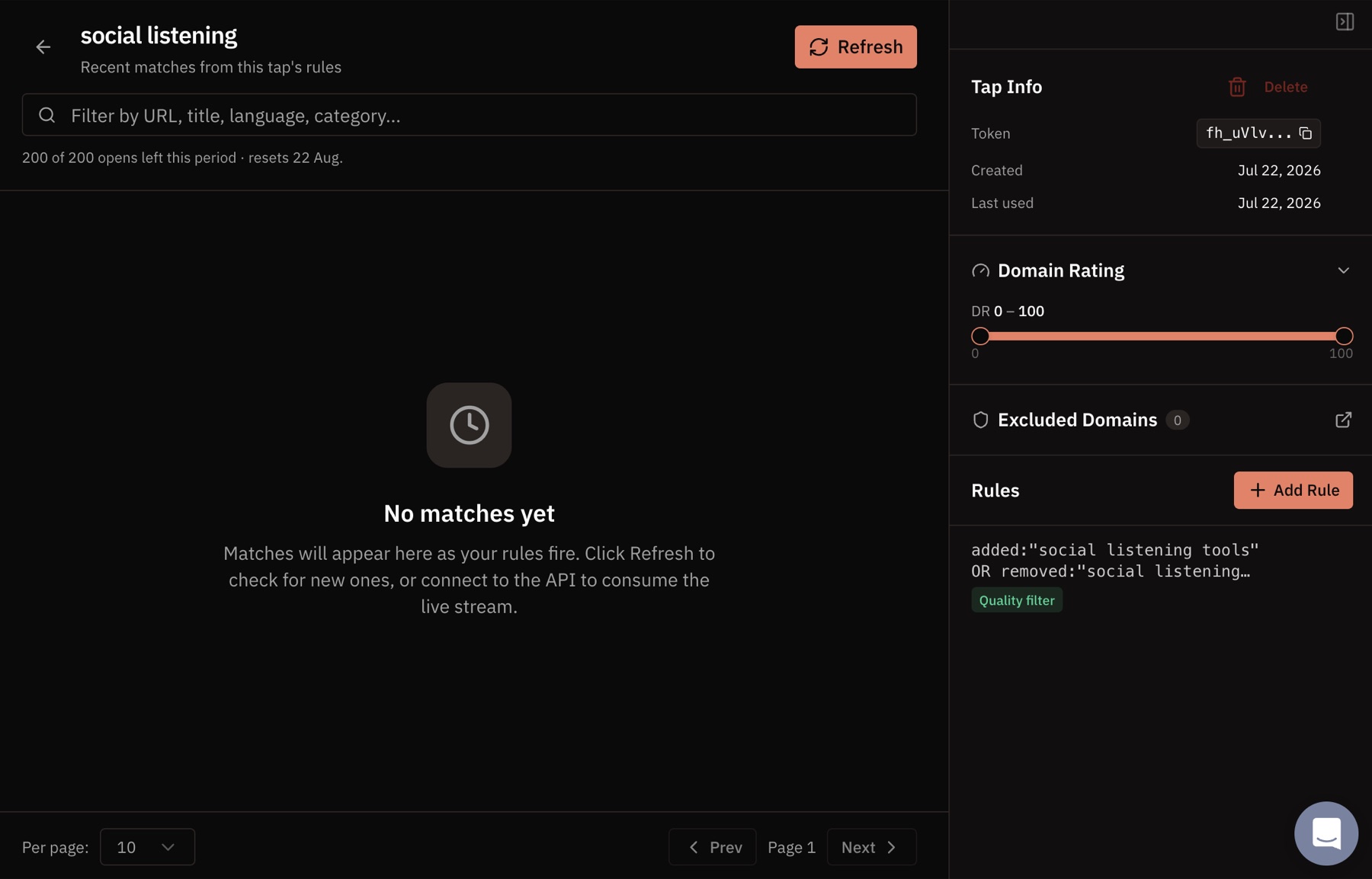 A new Firehose tap showing no matches after setup.