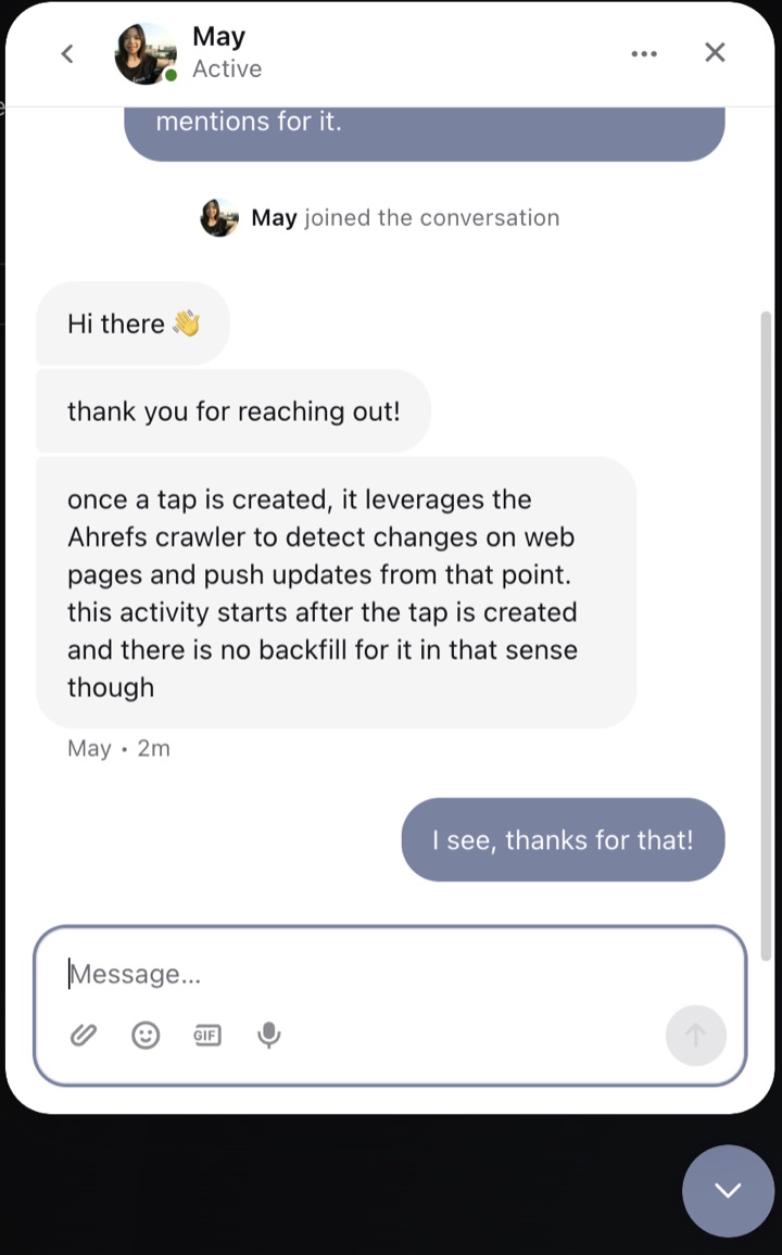 Firehose support confirming that taps do not backfill old mentions.