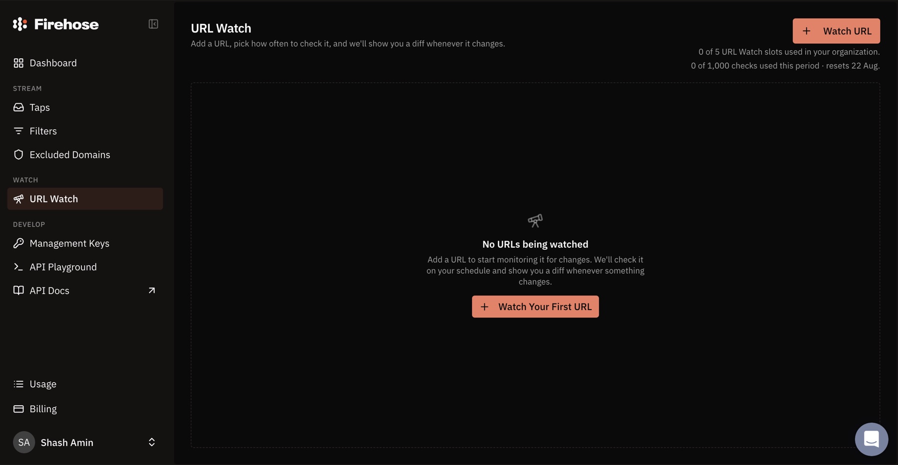 Firehose URL Watch screen for tracking changes to specific pages.