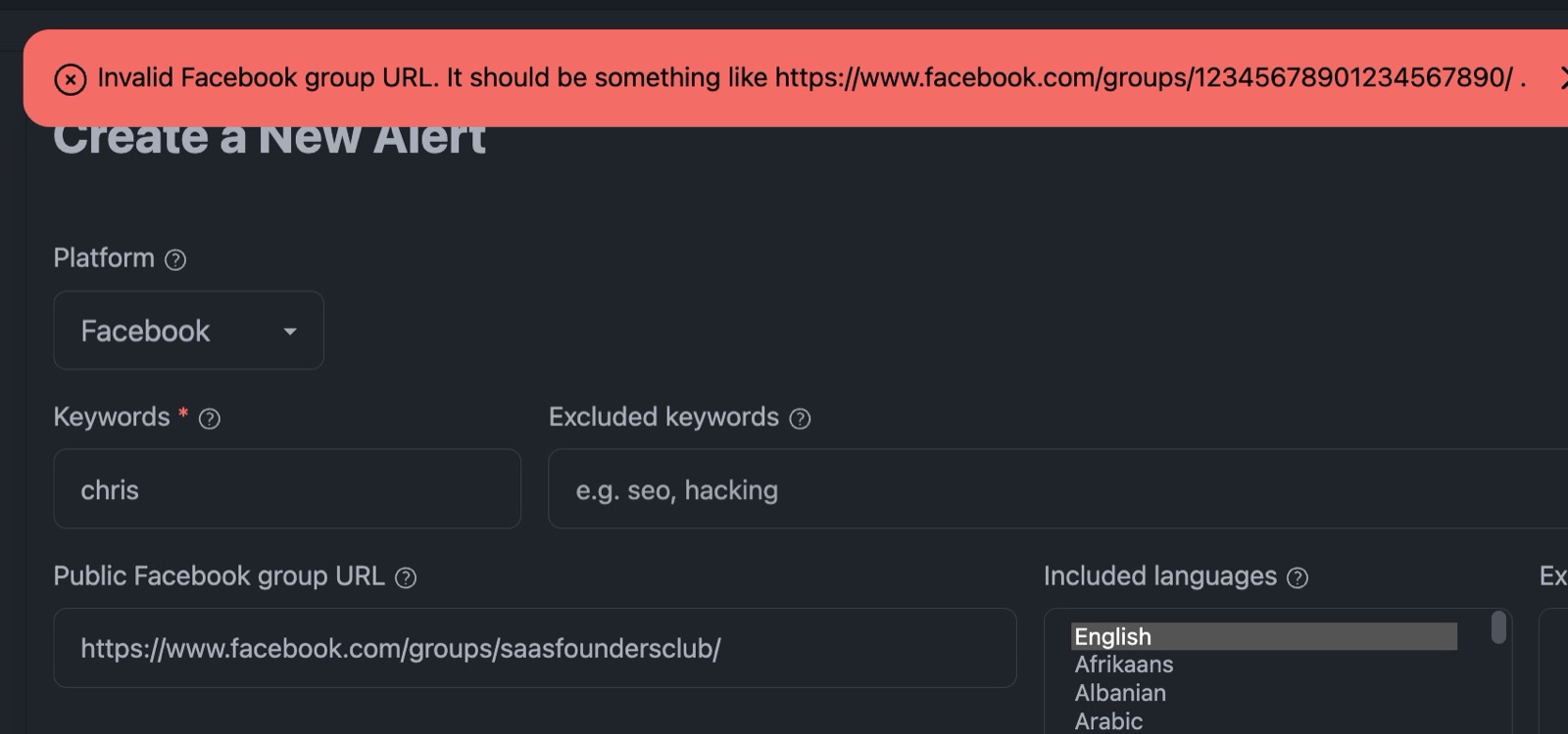 KWatch showing an invalid Facebook group URL error during my test.