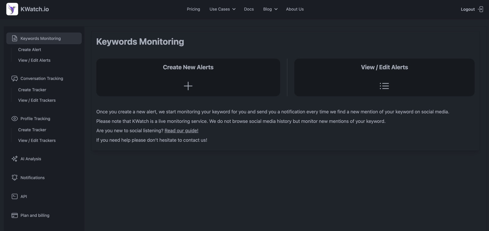 The KWatch dashboard has alert setup, tracking, analysis, and notification pages, but no clear mention inbox.