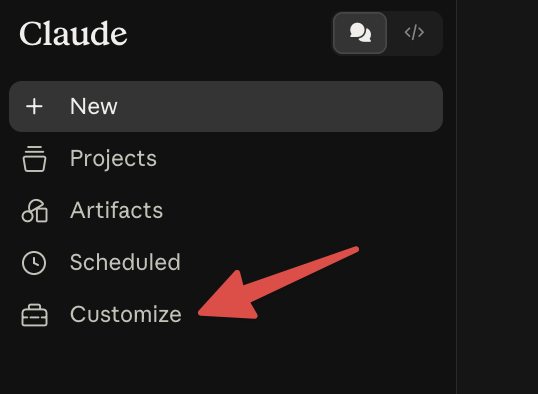 Claude sidebar with an arrow pointing to Customize