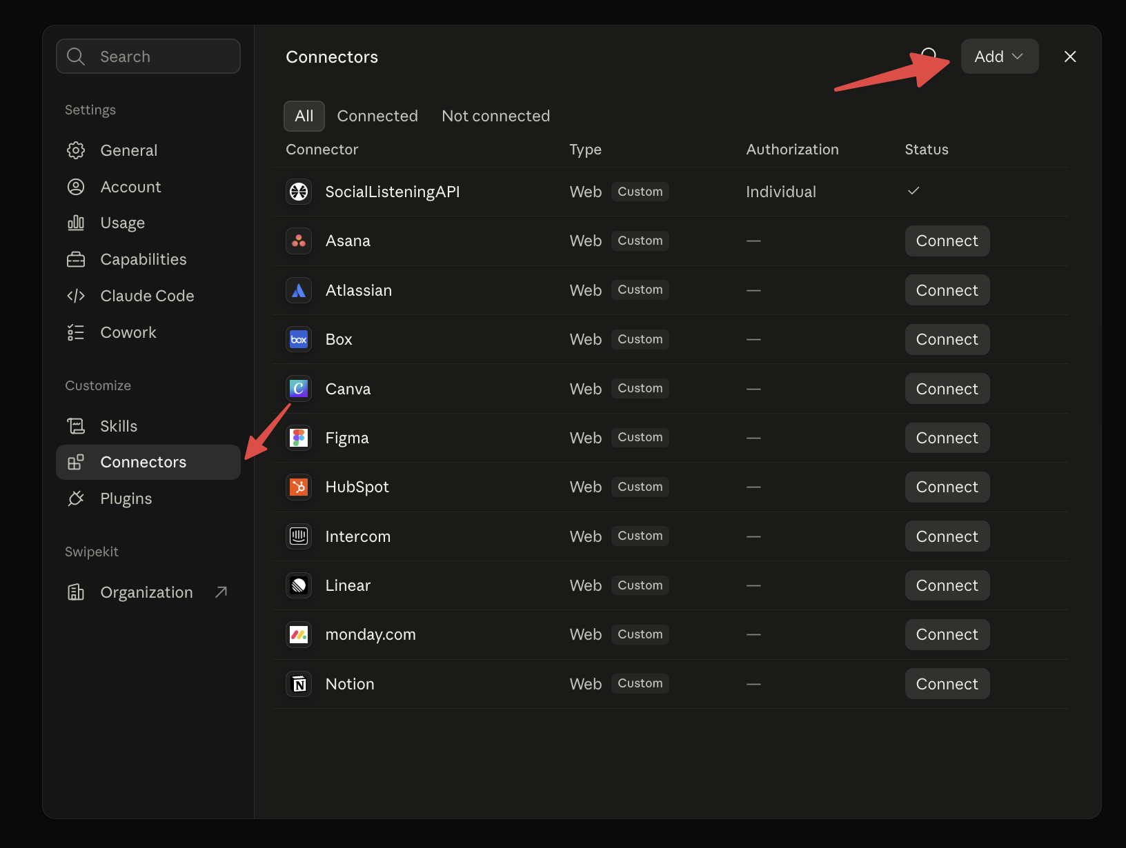 Claude connector settings with arrows pointing to Connectors and Add