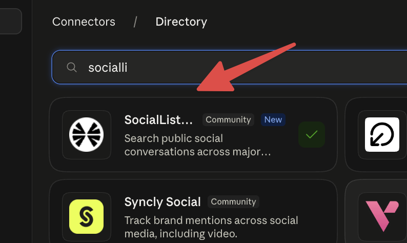 Claude connector directory showing a search for SocialListeningAPI